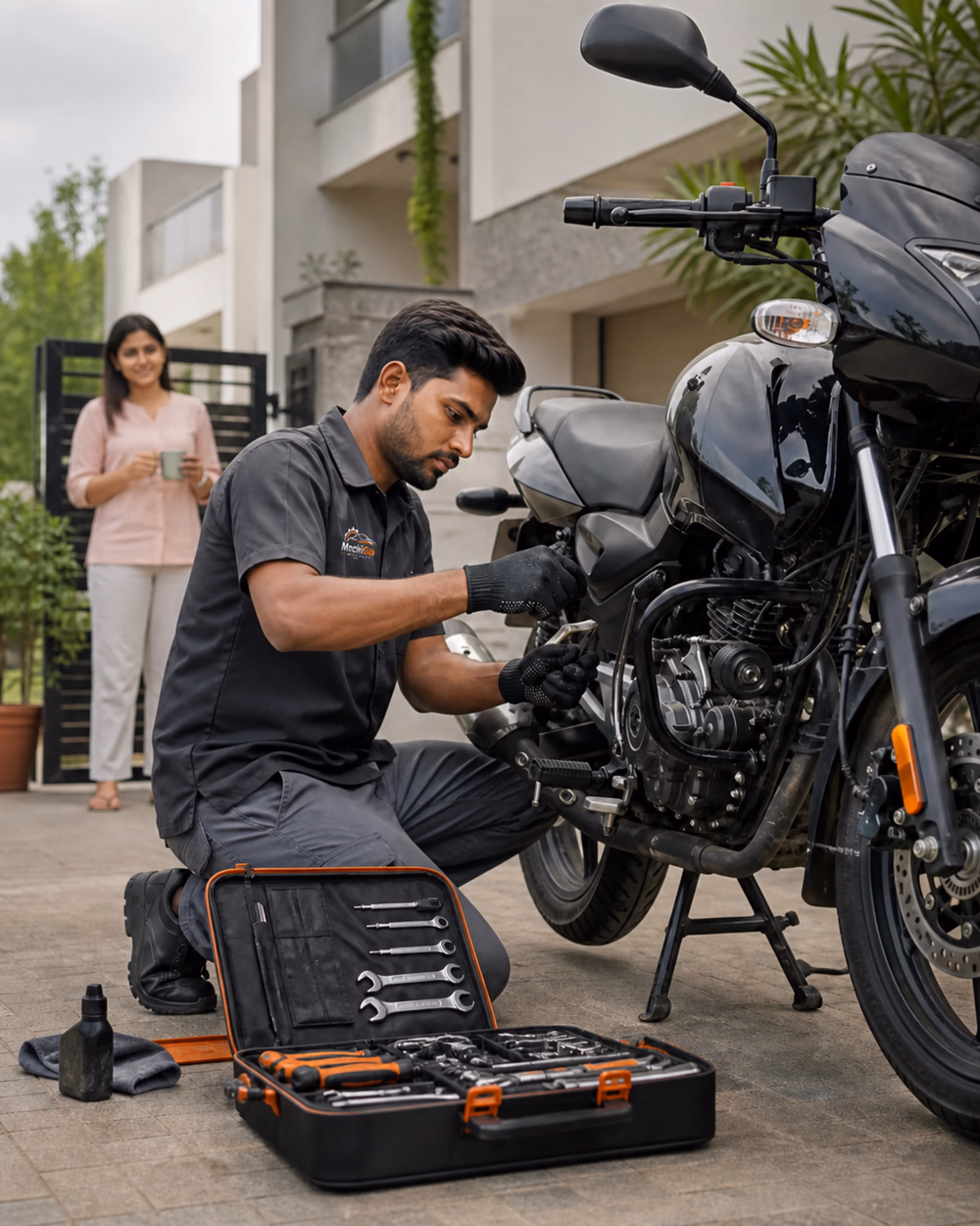 A mechanic servicing a motorcycle outside a customer's home