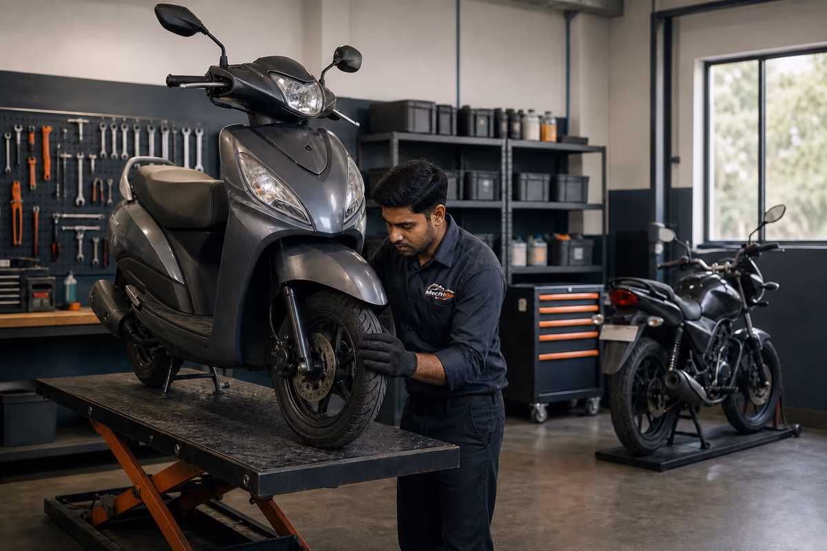 A mechanic working on a scooter in a clean service facility